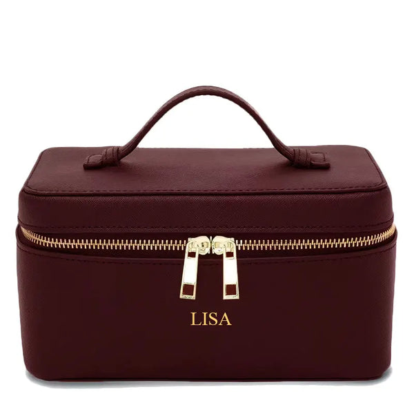 Custom Name Ladies Saffiano Split Leather Travel Toiletry Bag – Personalised with Gold Hot‑Stamped Name or Initials
