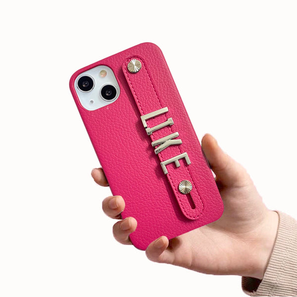 Custom Eco-Leather iPhone Case with SILVER Metal Letters & Hand Strap – Personalised Name or Initials