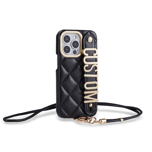 Custom Quilted Crossbody iPhone Case – Eco Leather, Gold Metal Letters & Long Strap