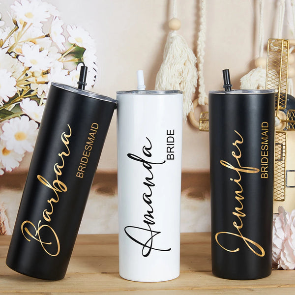 Personalized 20oz / 600ml Skinny Tumblers with Straw – Bridesmaid & Bride Gifts, Custom Bridal Shower Cups, Bachelorette Party Favors