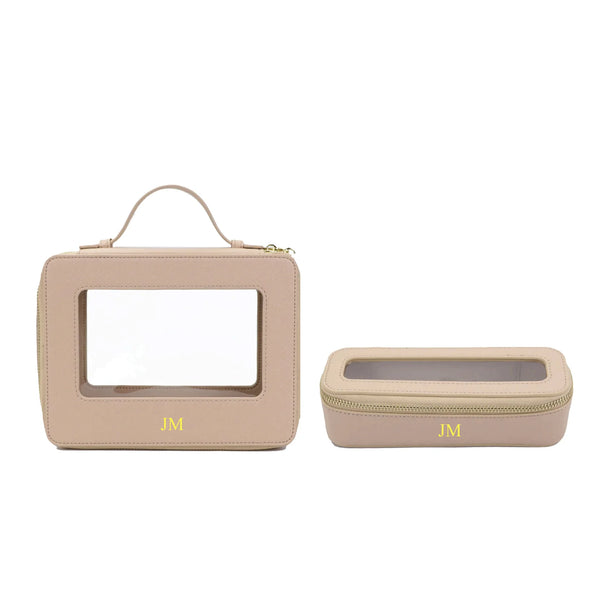 Travel Cosmetic Bag Set Custom Saffiano Leather & Clear PVC - Personalised with Gold Hot Stamped Name or Initials