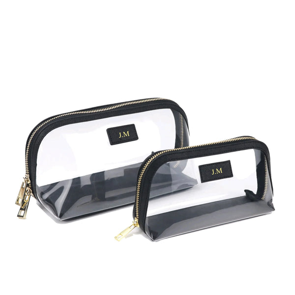 Personalised PU & Clear PVC Travel Cosmetic Bag Set – Gold Hot‑Stamped Name or Initials