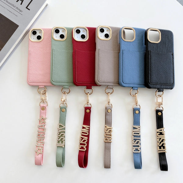 Eco-Leather iPhone Case with Pocket & Personalised Name Strap with Gold Metal Letters