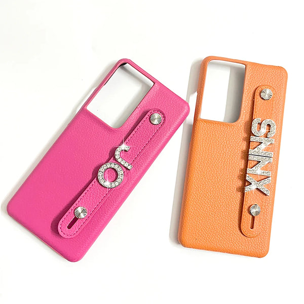 Custom Eco-Leather Samsung Case with Silver Diamond Metal Letters & Hand Strap – Personalised Name or Initials