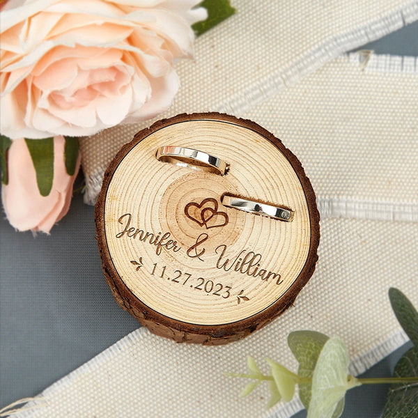 Personalised Rustic Wooden Wedding Ring Box – Double Slot Ring Holder, Engraved with Names & Date