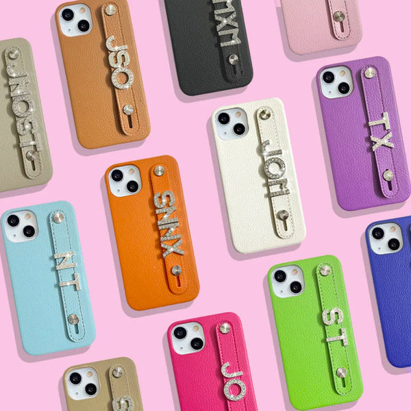 Custom Eco-Leather iPhone Case with Silver Diamond Metal Letters & Hand Strap – Personalised Name or Initials